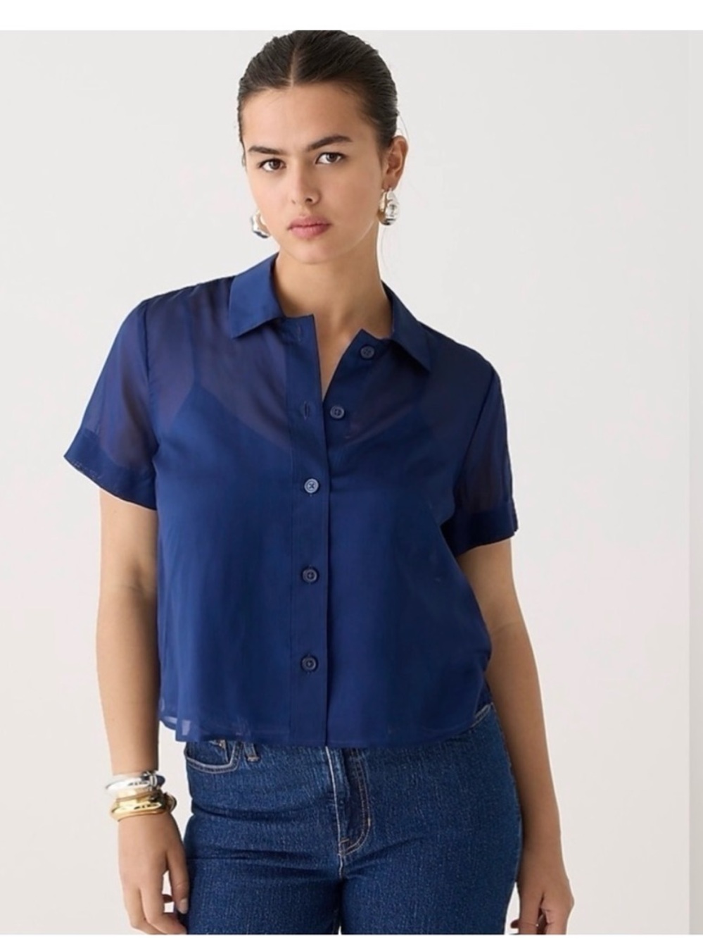 J. Crew Sheer Navy Short Sleeve Button-Down Blouse